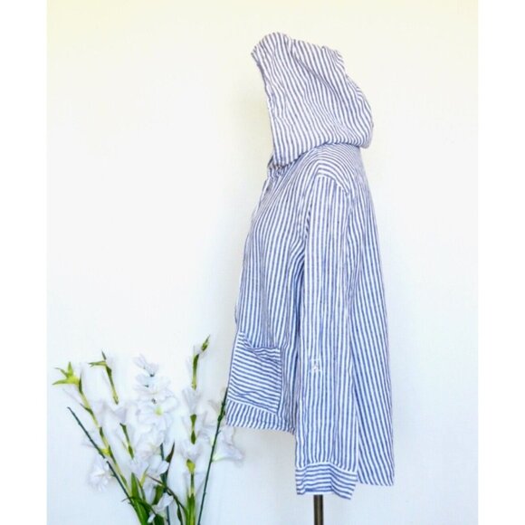 Tahari  100% Linen Button Front Hooded Striped Shirt Jacket Pockets Blue SZ S - Picture 3 of 7